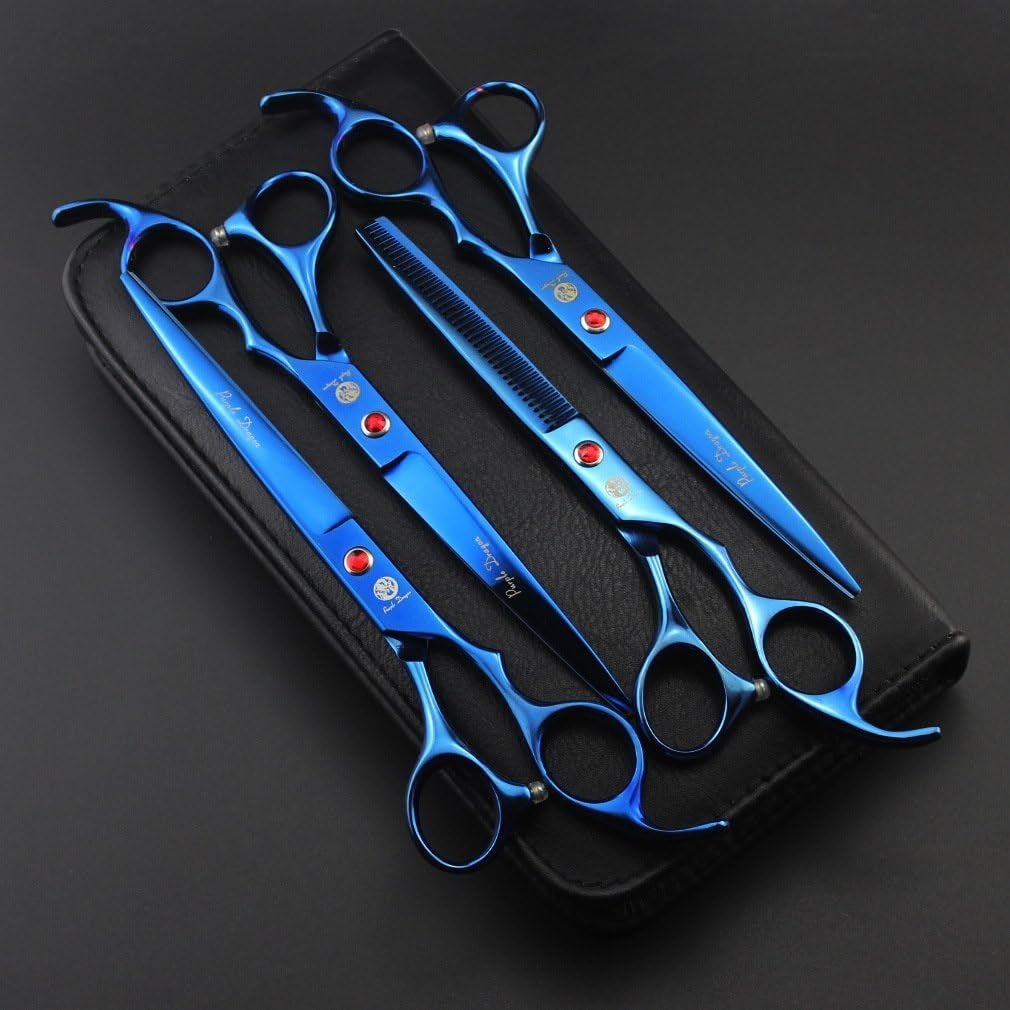 Professional 7.0 Inch 4PCS Pet Grooming Scissors Kit Japan Premium Steel Straight & Curved & Thinning Blade Dog Hair Cutting Shears Set with Case