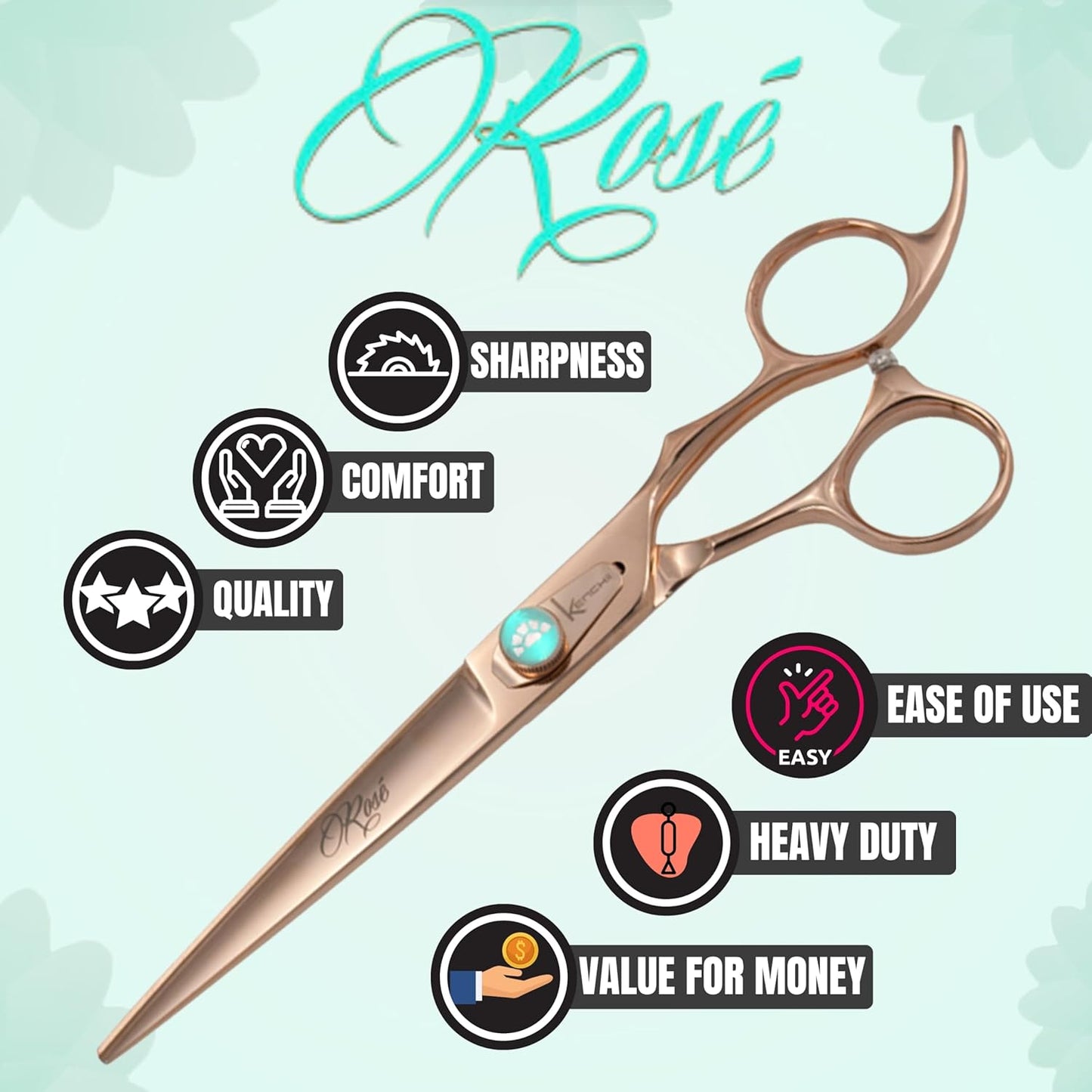 Rose Dog Grooming Scissors, 7 Inch Straight Shears, Dog Scissors for Grooming, Ergonomic Design for Comfort and Precision, Heavy Duty, Durable and Sharp