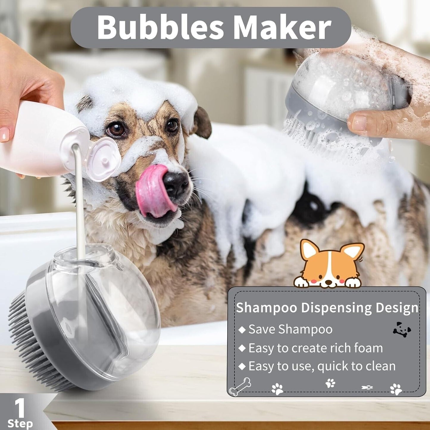 3PCS Dog Bath Brush Scrubber,Shamp