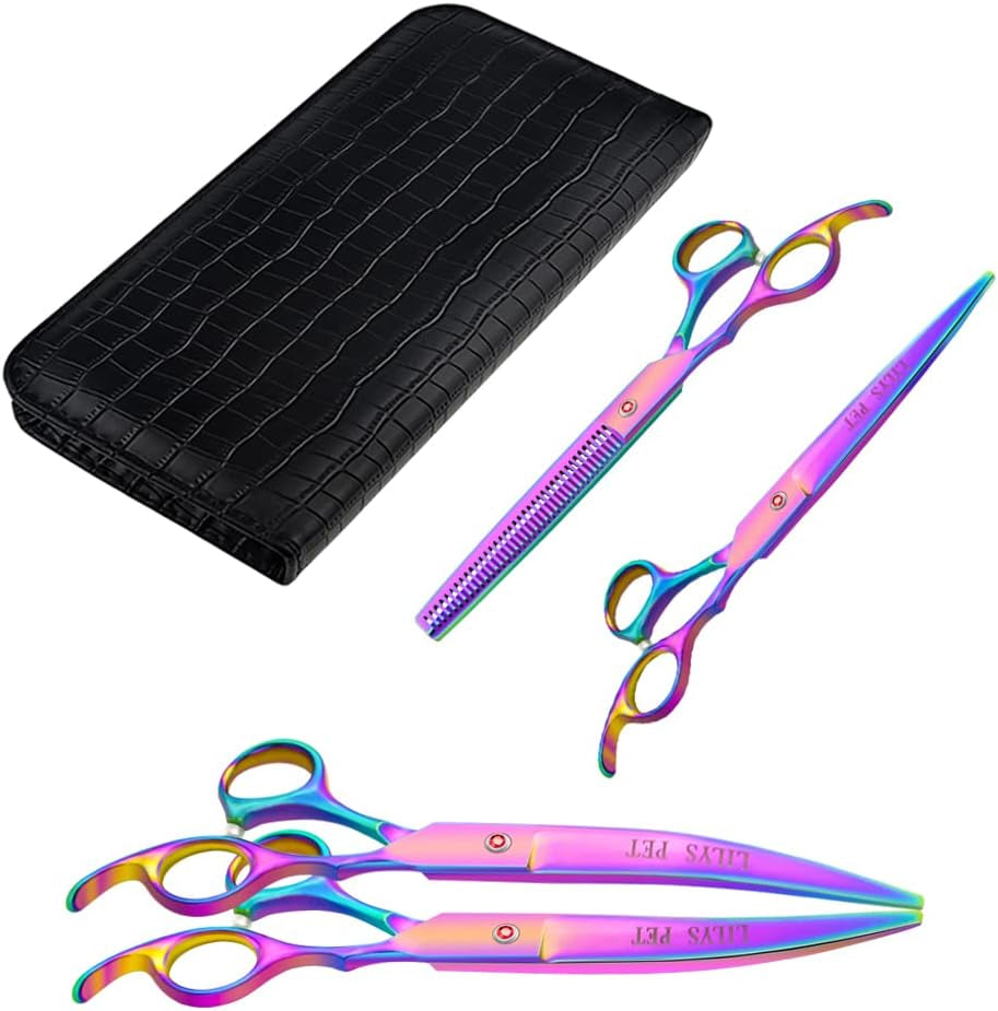 Professional PET DOG Grooming Coated Titanium Scissors Suit Cutting&Curved&Thinning Shears (7.0 Inches, Rainbow)…