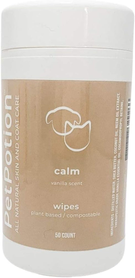 Calm Dog Wipes - Plant Based & Compostable Pet Wipes - Dog Cleaning Supplies for Smelly Dogs - Odor Eliminating Pet Supplies - Vet Recommended for Pet Grooming - Made in USA - 50 Count