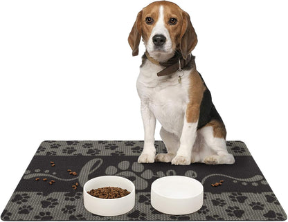 Dog and Cat Food Mat Washable Dog Mat for Food and Water Non Slip Pet Food Bowl Mat, Love, 18"X30", Grey