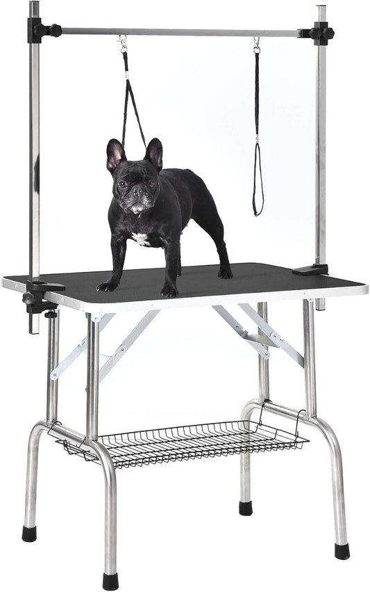 Folding Dog Grooming Table Heavy Duty Stainless Steel Pet Dog Cat Grooming Table with Adjustable Arm (36", Black)