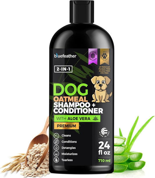 Lavender Oatmeal 2 in 1 Dog Shampoo and Conditioner for Dry Itchy Sensitive Skin - Moisturizing Hypoallergenic Shampoo - Oatmeal Wash with Aloe for Any Pet Dog Puppy or Cat 24 Fl Oz (Pack of 1)