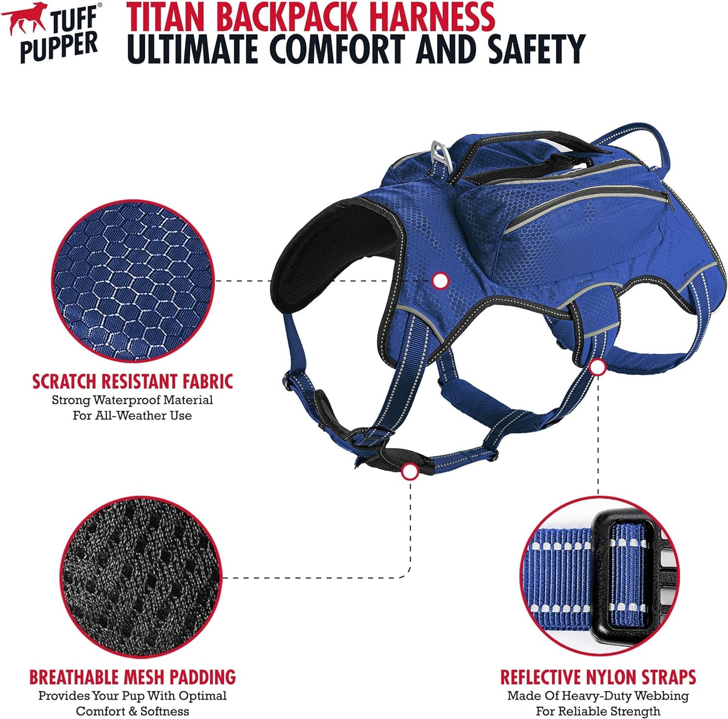 Escape Proof Dog Harness with Four Pockets | Waterproof Backpack Harness | Full Body Dog Lift Handle | 5 Point Adjustable Fit | 3M Reflective for Safety | Dog Hiking Harness for Day Trips