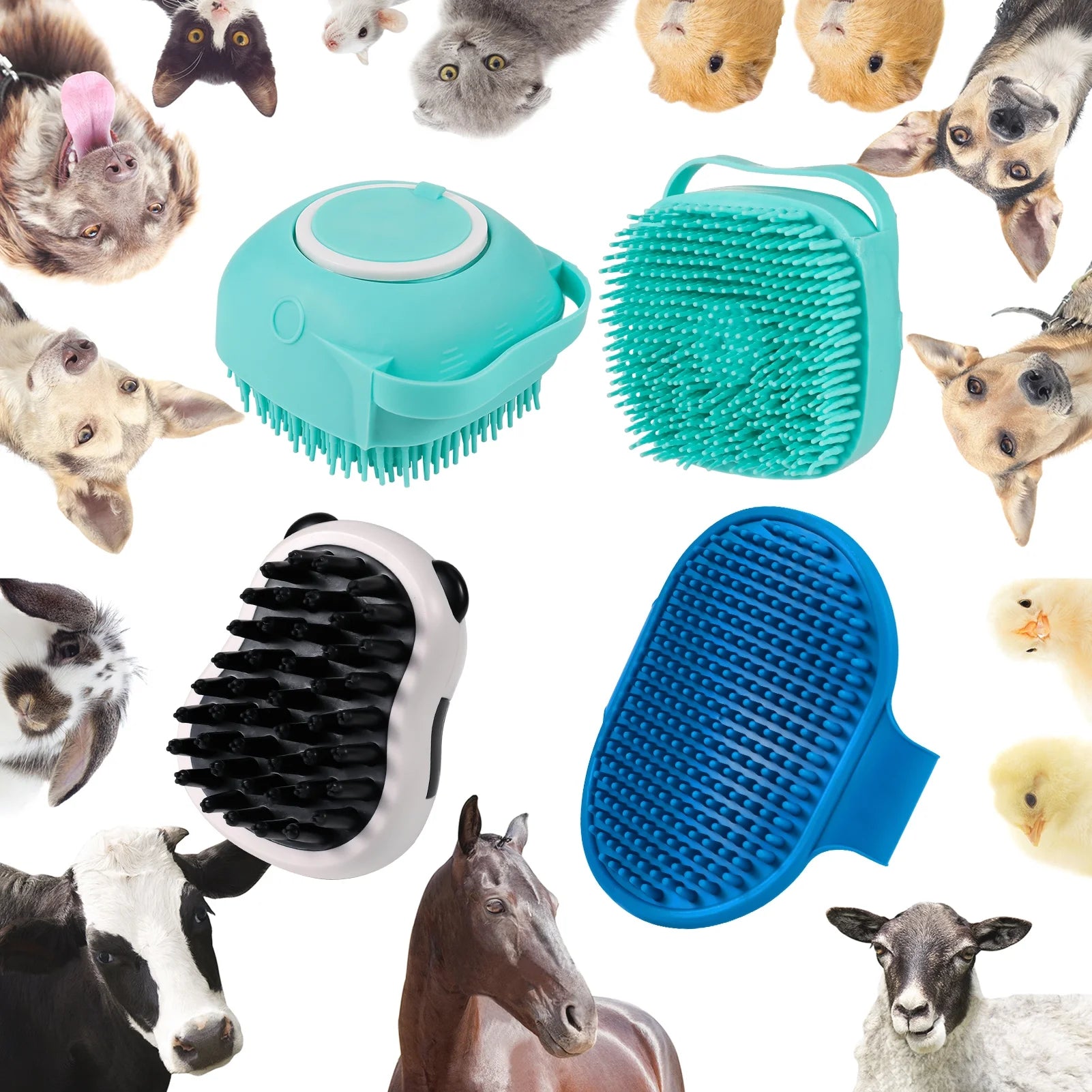 3Pcs Dog Bath Scrubber, Pet Massage Grooming Shower Silicone Brush, Washing Brush Scrubber with Adjustable Ring Handle, Dog Shampoo Brush for Short Long Haired Dogs Cats