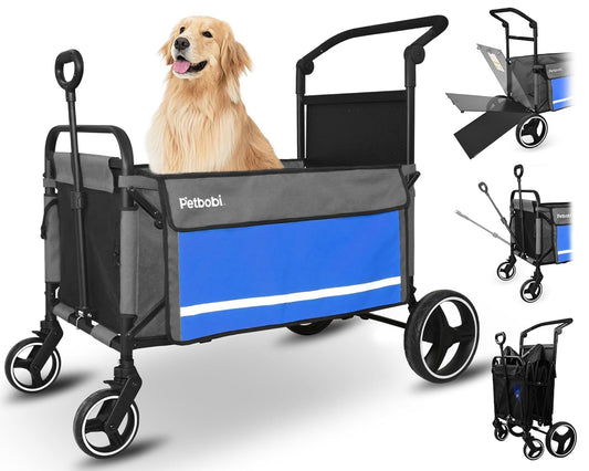 Pet Stroller for Large Dogs - Pullable All Terrain Wagon Cart, Folding Dog Stroller, One-Foot Brake Wagons with Ramp, Easy for Medium Senior Pets to Get in and Out, Ideal for Walking, Blue