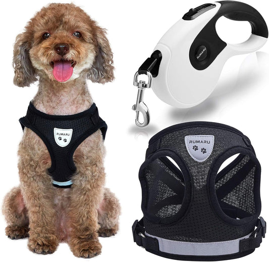 Small Dog Harness and Leash Set - Puppy Harness and Leash Set, Adjustable Reflective Harness Vest and Retractable Leash for Small Dogs (L (Chest: 16.5" - 18"), Black)
