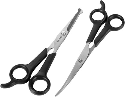 Pet Grooming Scissors Set Ball Tip Eye Cut Scissors and Curved Shears, Professional Home Pets Grooming Tools Kit for Dogs and Cats 6 Dark Grey