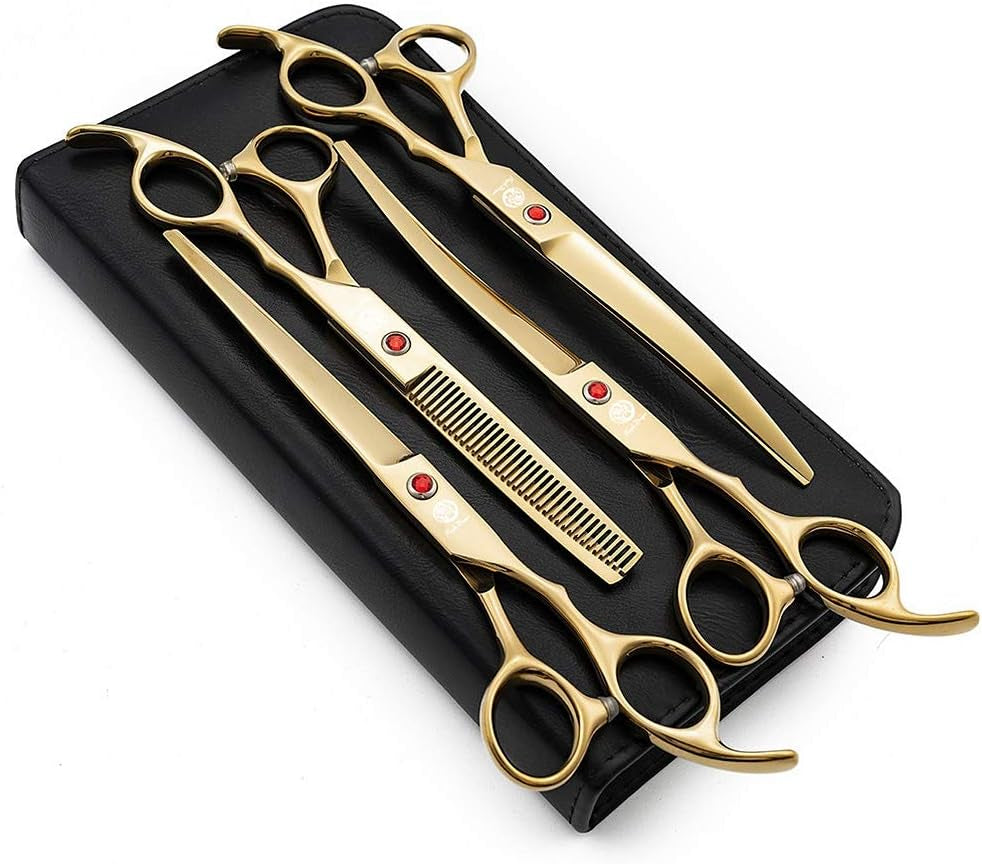 Professional 7.0 Inch 4PCS Pet Grooming Scissors Kit Japan Premium Steel Straight & Curved & Thinning Blade Dog Hair Cutting Shears Set with Case
