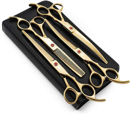 Professional 7.0 Inch 4PCS Pet Grooming Scissors Kit Japan Premium Steel Straight & Curved & Thinning Blade Dog Hair Cutting Shears Set with Case