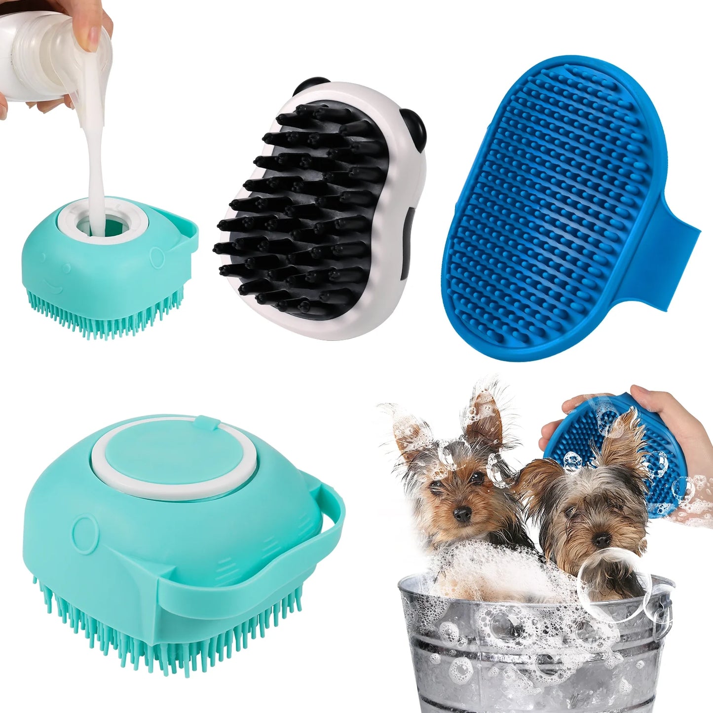 3Pcs Dog Bath Scrubber, Pet Massage Grooming Shower Silicone Brush, Washing Brush Scrubber with Adjustable Ring Handle, Dog Shampoo Brush for Short Long Haired Dogs Cats