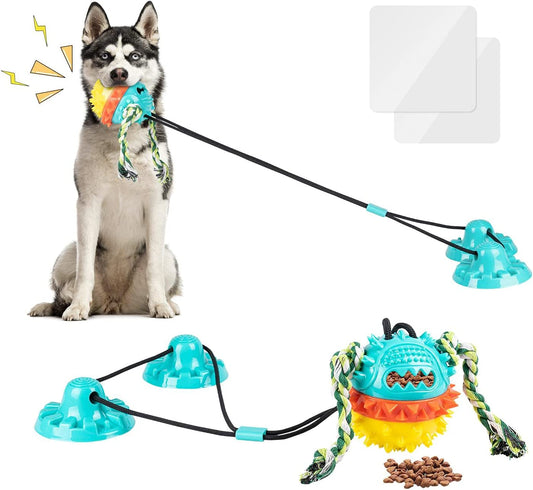 Dog Toys for Aggressive Chewers, Double Suction Cup Dogs Toys Dog Tug Toy, Dog Puzzle Chew Interactive Dog Toys Squeaky Molar Bite Ball for Teeth Cleaning & Food Dispensing