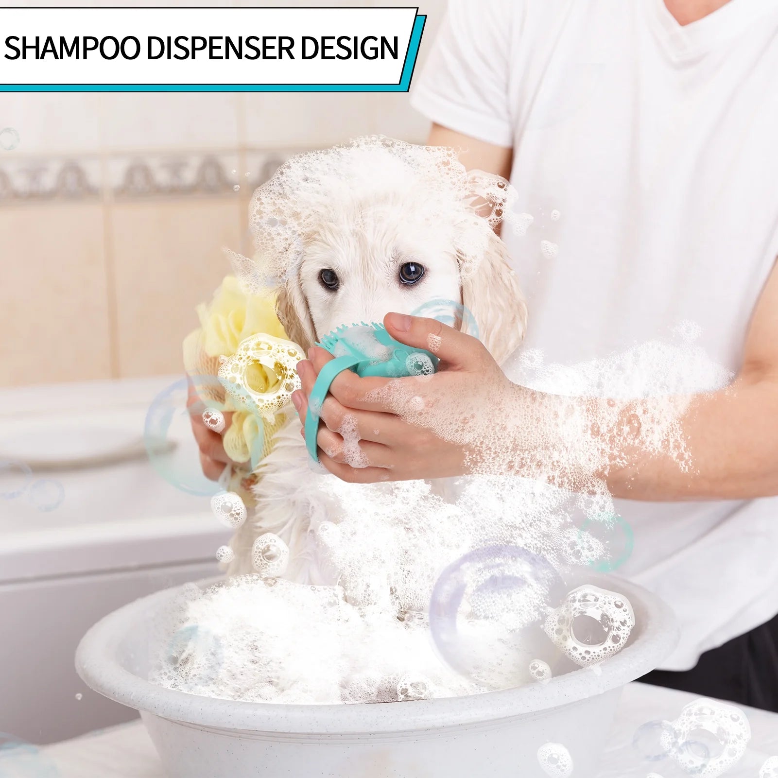 3Pcs Dog Bath Scrubber, Pet Massage Grooming Shower Silicone Brush, Washing Brush Scrubber with Adjustable Ring Handle, Dog Shampoo Brush for Short Long Haired Dogs Cats