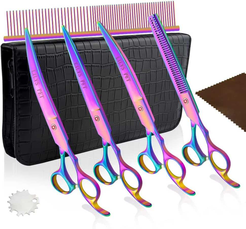 Professional PET DOG Grooming Coated Titanium Scissors Suit Cutting&Curved&Thinning Shears (7.0 Inches, Rainbow)…