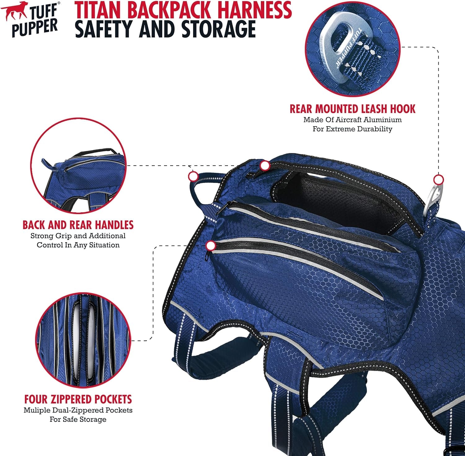 Escape Proof Dog Harness with Four Pockets | Waterproof Backpack Harness | Full Body Dog Lift Handle | 5 Point Adjustable Fit | 3M Reflective for Safety | Dog Hiking Harness for Day Trips