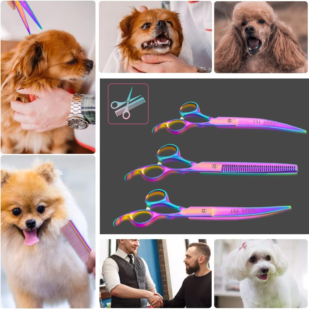 Professional PET DOG Grooming Coated Titanium Scissors Suit Cutting&Curved&Thinning Shears (7.0 Inches, Rainbow)…
