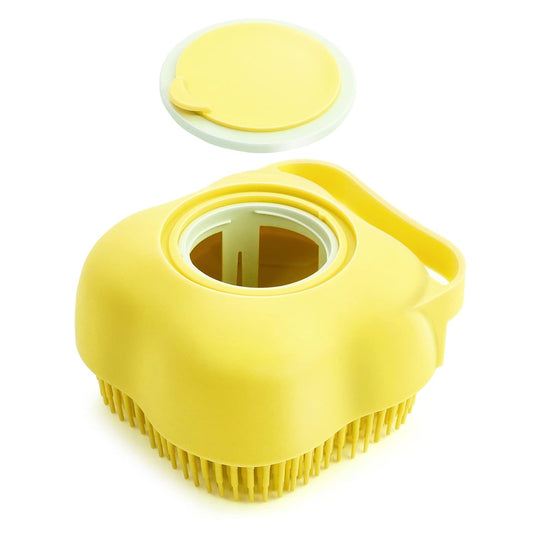 Dog Cat Bath Brush, Dog Shampoo Brush Silicone Puppy Massage Brush Hair Fur Grooming Cleaning Brush Soft Shampoo Dispenser (Yellow New)