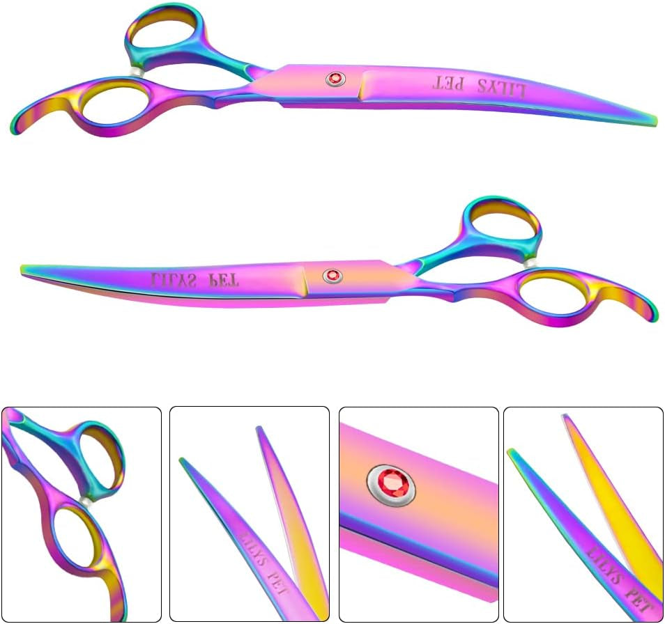 Professional PET DOG Grooming Coated Titanium Scissors Suit Cutting&Curved&Thinning Shears (7.0 Inches, Rainbow)…