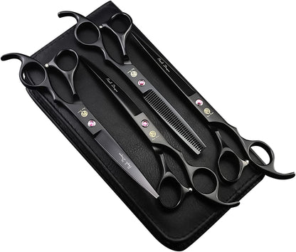 Professional 7.0 Inch 4PCS Pet Grooming Scissors Kit Japan Premium Steel Straight, Curved & Thinning Blade Dog Hair Cutting Shears Set with Case