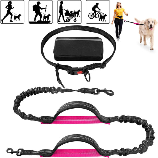 Hands Free Dog Leash with Adjustable Waist Belt & Removable Zipper Pouch,Reflective Retractable Bungee Dog Leash with Dual Padded Handles for Medium Large Dog Running Walking Jogging