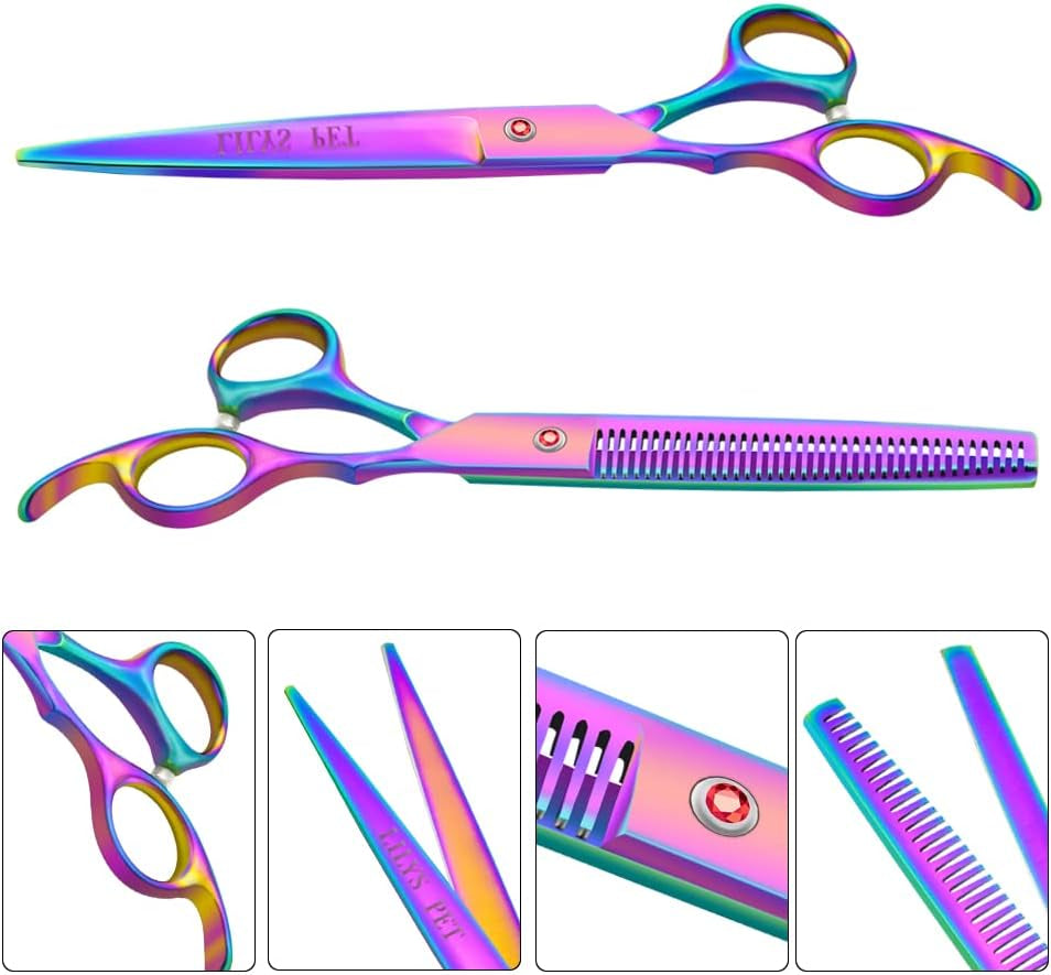 Professional PET DOG Grooming Coated Titanium Scissors Suit Cutting&Curved&Thinning Shears (7.0 Inches, Rainbow)…