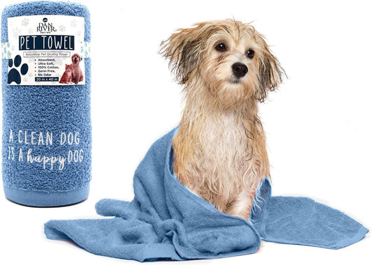 Dog Towels for Drying Dogs Large, 100% Cotton Puppy Bath Towel, Ultra Soft 450 GSM Super Absorbent Quick Dry Pet Grooming Supplies, 20X40 Inches, Medium Blue