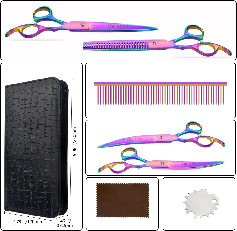 Professional PET DOG Grooming Coated Titanium Scissors Suit Cutting&Curved&Thinning Shears (7.0 Inches, Rainbow)…