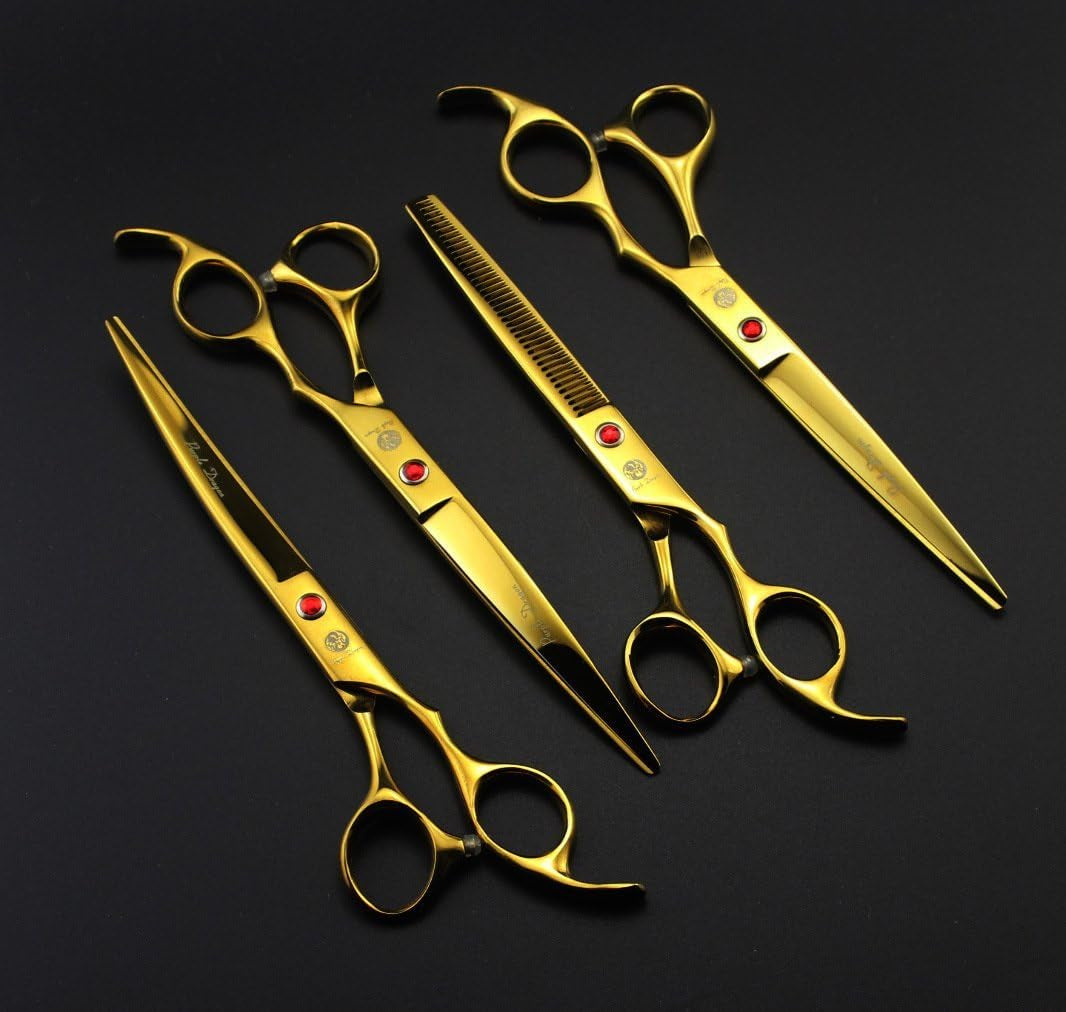 Professional 7.0 Inch 4PCS Pet Grooming Scissors Kit Japan Premium Steel Straight & Curved & Thinning Blade Dog Hair Cutting Shears Set with Case