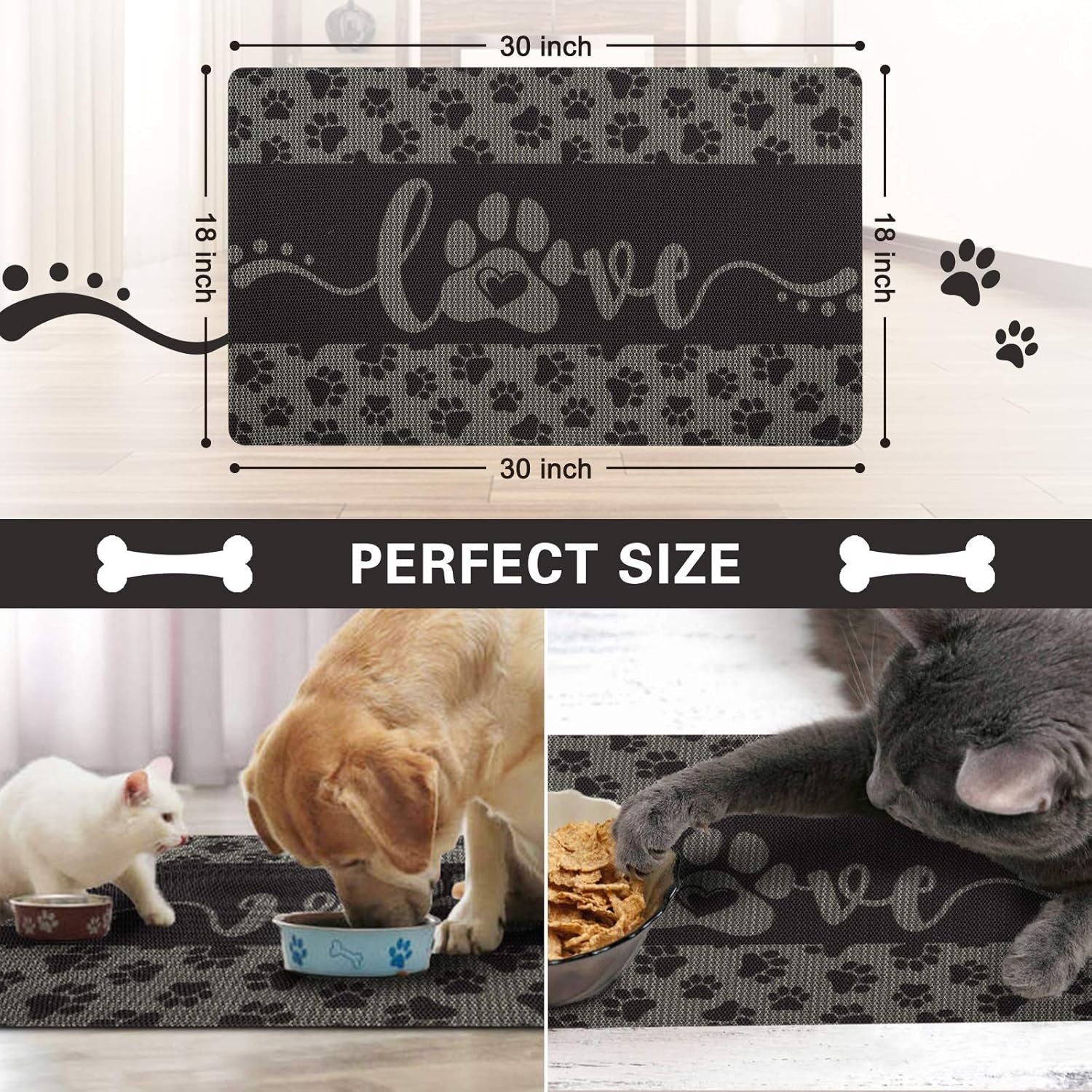 Dog and Cat Food Mat Washable Dog Mat for Food and Water Non Slip Pet Food Bowl Mat, Love, 18"X30", Grey