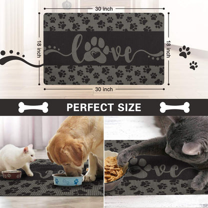Dog and Cat Food Mat Washable Dog Mat for Food and Water Non Slip Pet Food Bowl Mat, Love, 18"X30", Grey